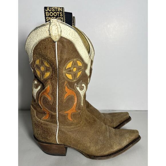 Vintage Justin Cowboy Boots Brown Orange Suede Leather Womens Size 8.5B Western - Picture 1 of 13
